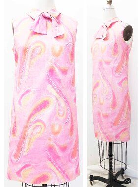 Vintage 60s Gla Dee of California Womens Pink Paisley Dress Bow PSYCHEDELIC Mod